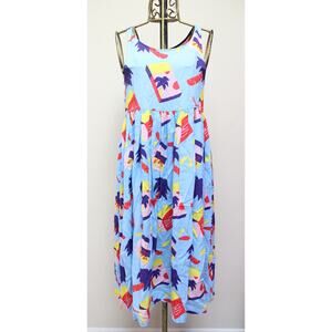 Nooworks Blue Snacks Food Palm Tree Naomi Midi Dress Size XS